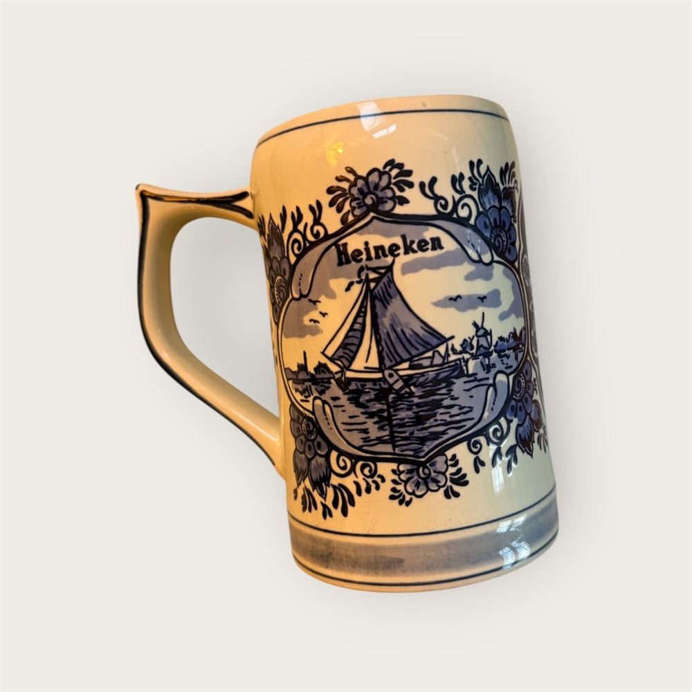 vintage hand-painted Delft Blue ceramic Heineken beer mug